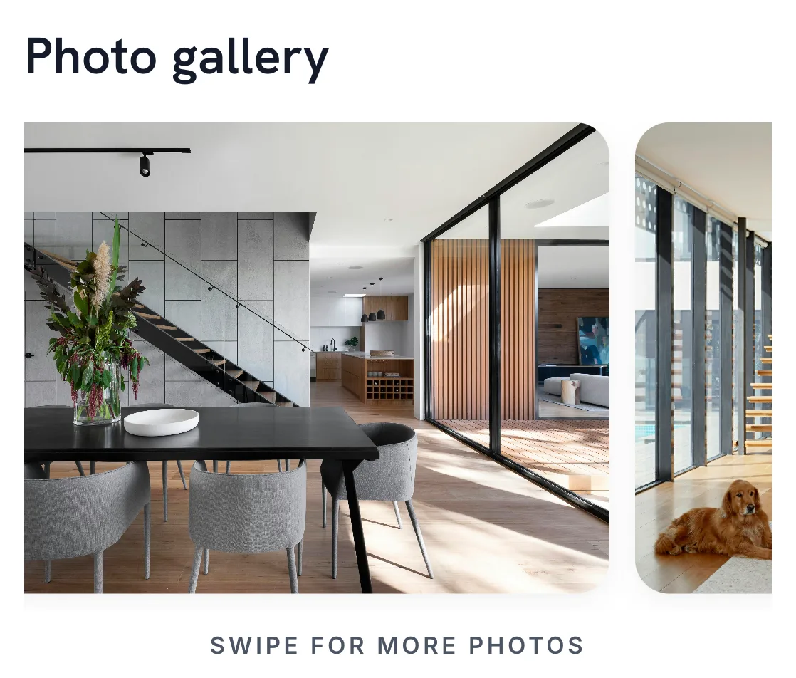 A Photo gallery card showing wide interior photographs from the property page.
