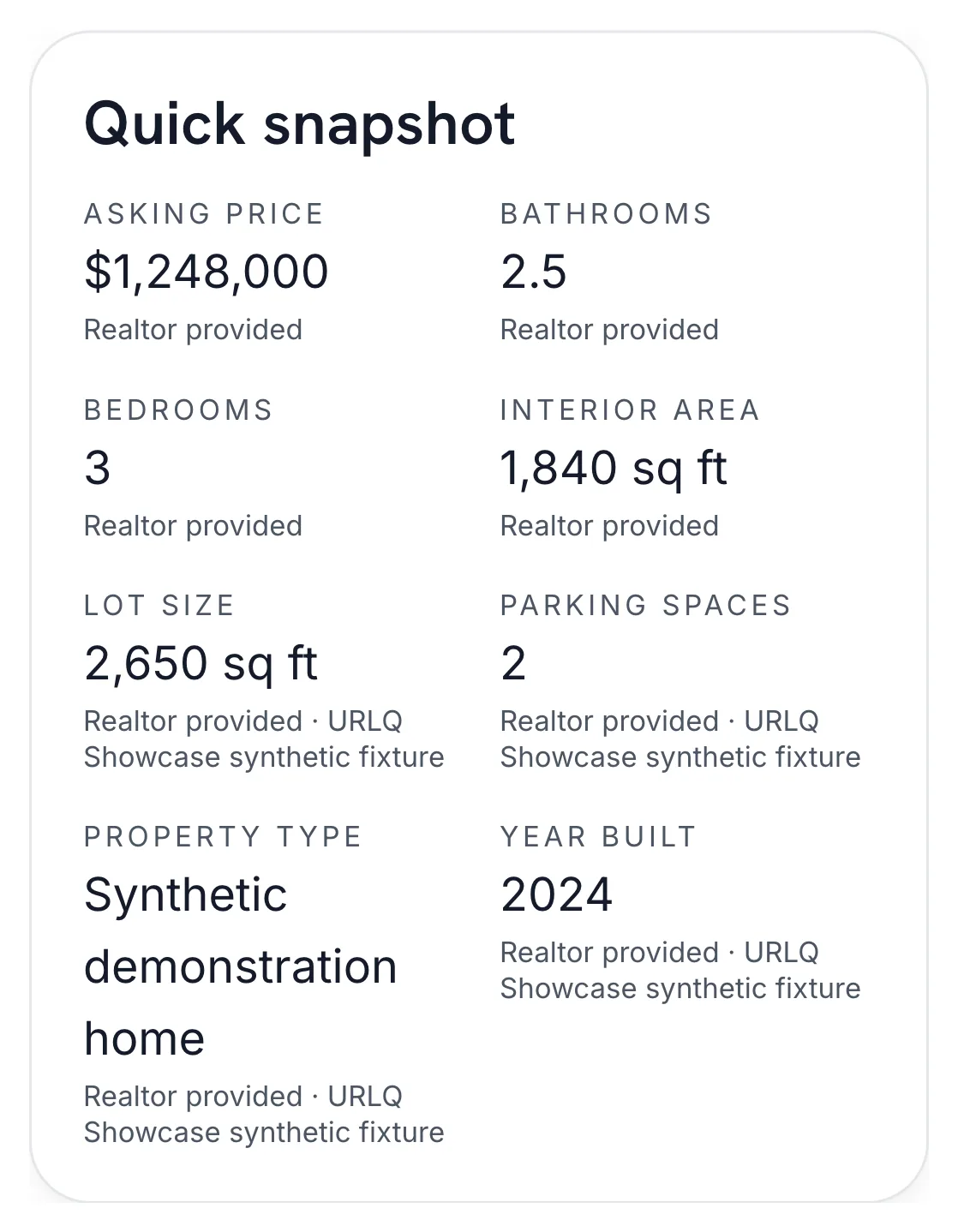 A Quick snapshot card with the price, bedrooms, bathrooms, area, parking, property type, year built, and a source for every fact.